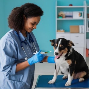 Veterinária injetando seringa na perna do cão