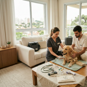 Clínica veterinária com veterinários de gatos trabalhando na operação da boca