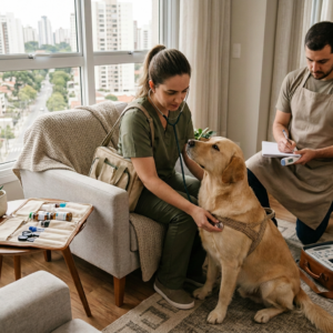 Veterinário cuidando de um cão pequeno em uma clínica rústica com paredes turquesas brilhantes
