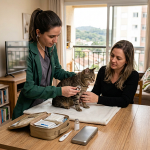 Veterinária Hispânica de Uniforme Cinza Examinando Pastor Australiano