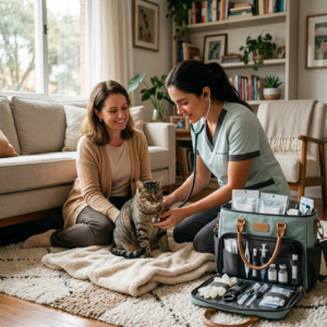 As mulheres trabalham em casa com seus animais de estimação. conceito de trabalhar em casa e à distância social