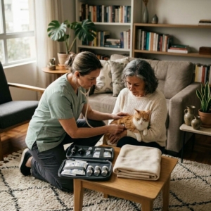 Homem e mulher vestindo uniforme veterinário usando touchpad em casa