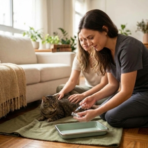 Médico veterinário dá uma injeção no gato